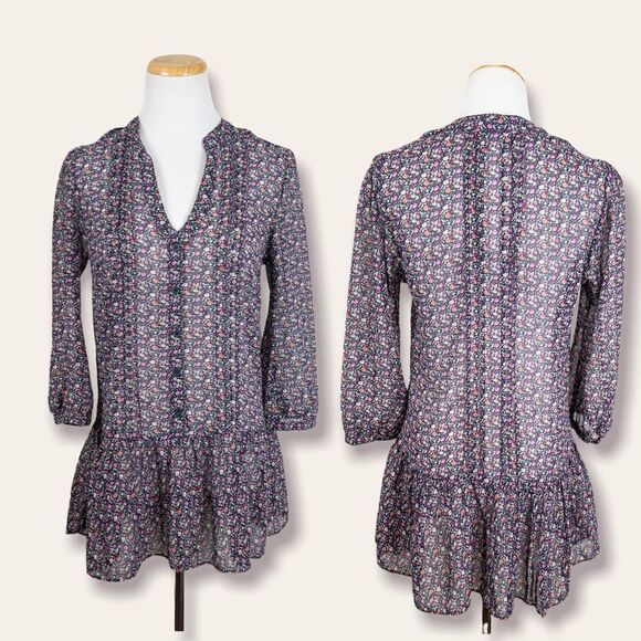 American Rag Womens Size Small Blue Floral Semi Sheer Peplum Blouse Prairie - Picture 1 of 8